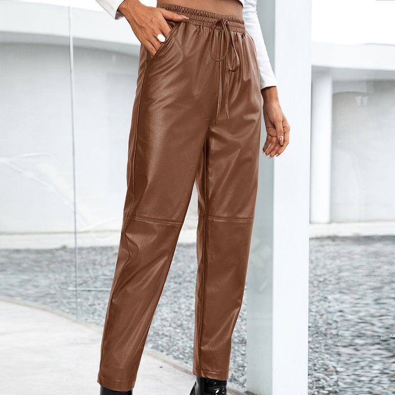 Pantaloni da donna in pelle elastica da motociclista sciolti casual in pelle_voghion.com