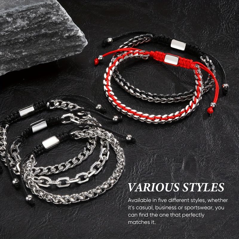 Men's Rope And Chain Woven Chain Bracelet: Handmade Fashionable Men's Stainless Steel Metal Non Color Changing Waterproof Cuban Chain Bracelet_voghion.com