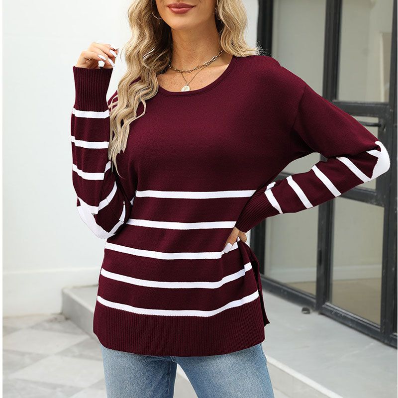 Women's clothing sweaters striped sleeves and love color matching long-sleeved pullover sweaters_voghion.com