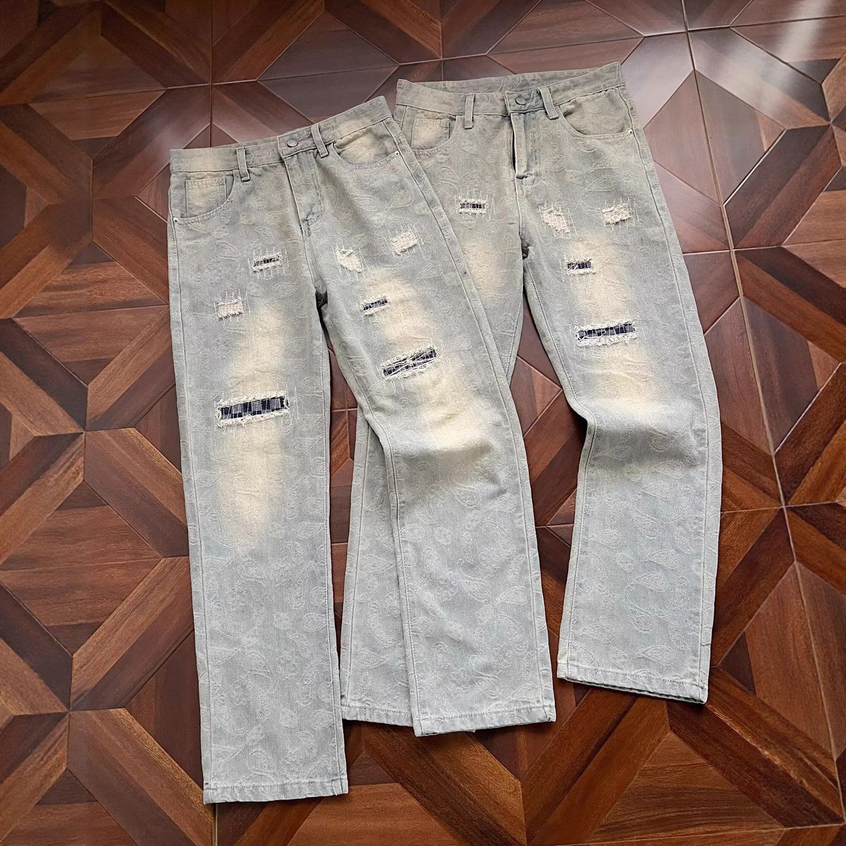 Jean décontracté patchwork effet usé pour homme, imprimé cachemire, coupe droite, coupe impeccable, pour le printemps et l'automne._voghion.com