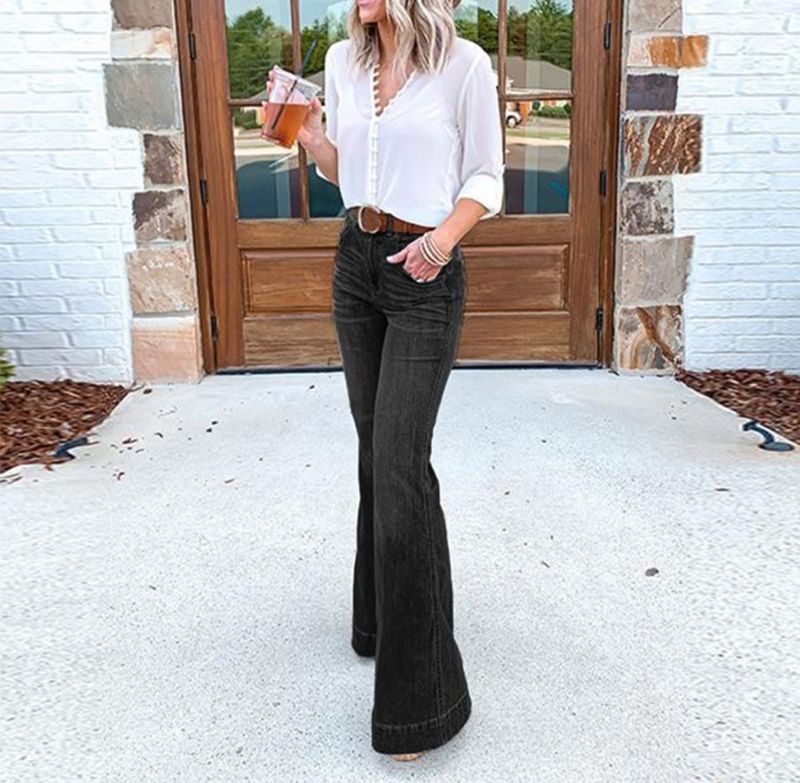 Vêtements pour femmes Jeans fins à taille haute légèrement élastiques à jambes larges pour femmes_voghion.com