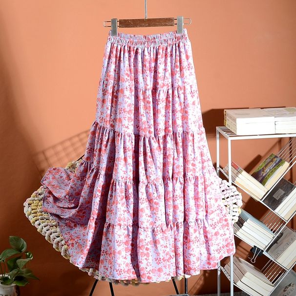 Women's new elastic splicing large swing long chiffon skirt long skirt_voghion.com