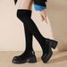 Black Suede Stretch For Women 2025 Winter New Thick Sole Chunky Heel Over-the-Knee Slim Sock Long Boots_voghion.com