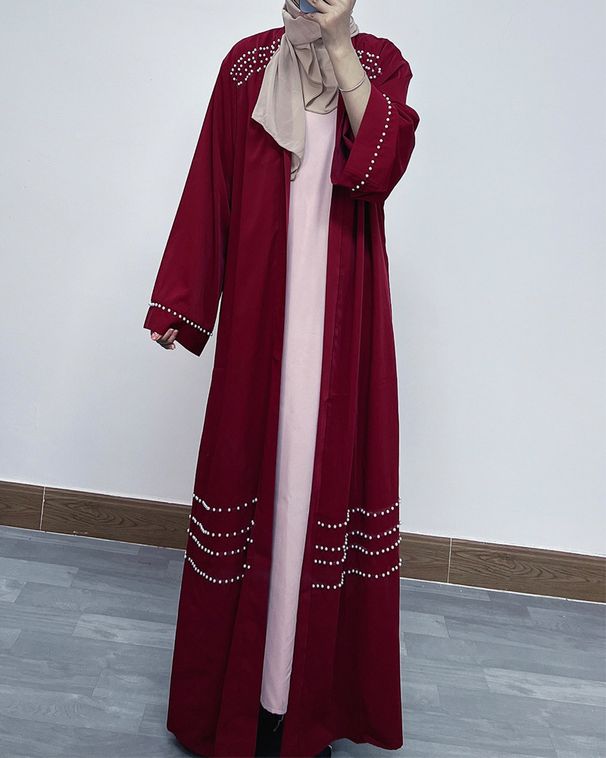 Elegant Dubai Pearl-Embellished Abaya – Long Sleeve Open Front Robe Dress (Black/Burgundy, S-XXL)_voghion.com