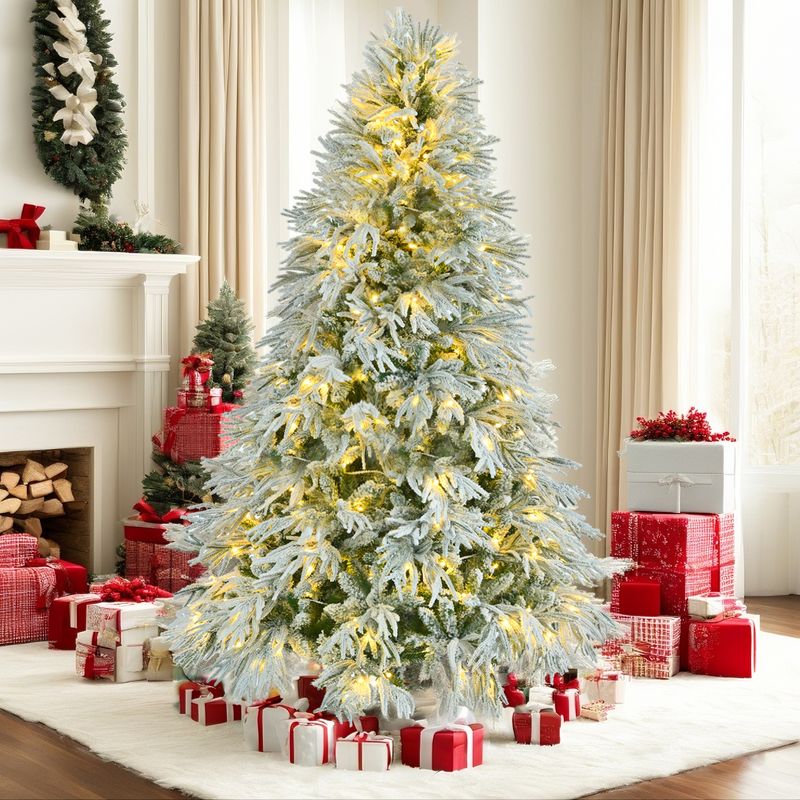 6FT Pre-Lit Spruce Snow Flocked Christmas Tree, Artificial Hinged Xmas Tree With 300 Multi-Color LED Lights, 8 Flashing Modes &790 Snow Branch Tips, Holiday Office Home Décor_voghion.com