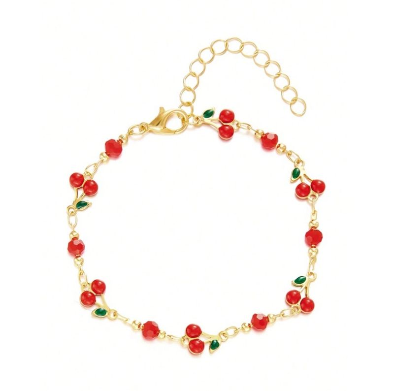 Sweet Cherry Colorful Enamel Summer Fruit Series Beach Style Double Layer Anklet Set For Women_voghion.com
