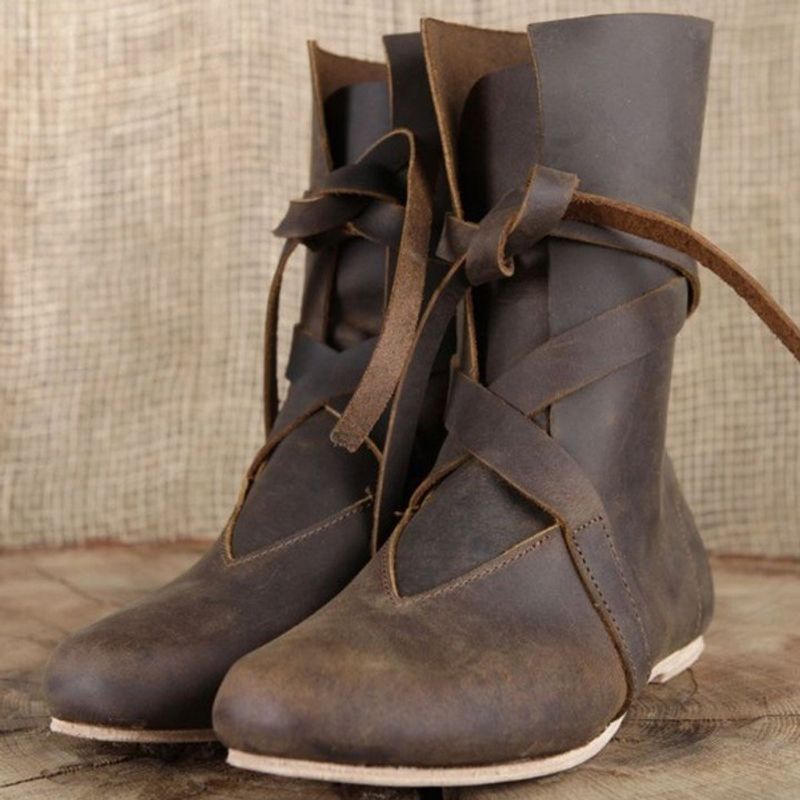 Men's Fashion Western Boots Mid Calf Boots Round Toe Vintage Leather Cosplay Pirate Boots_voghion.com