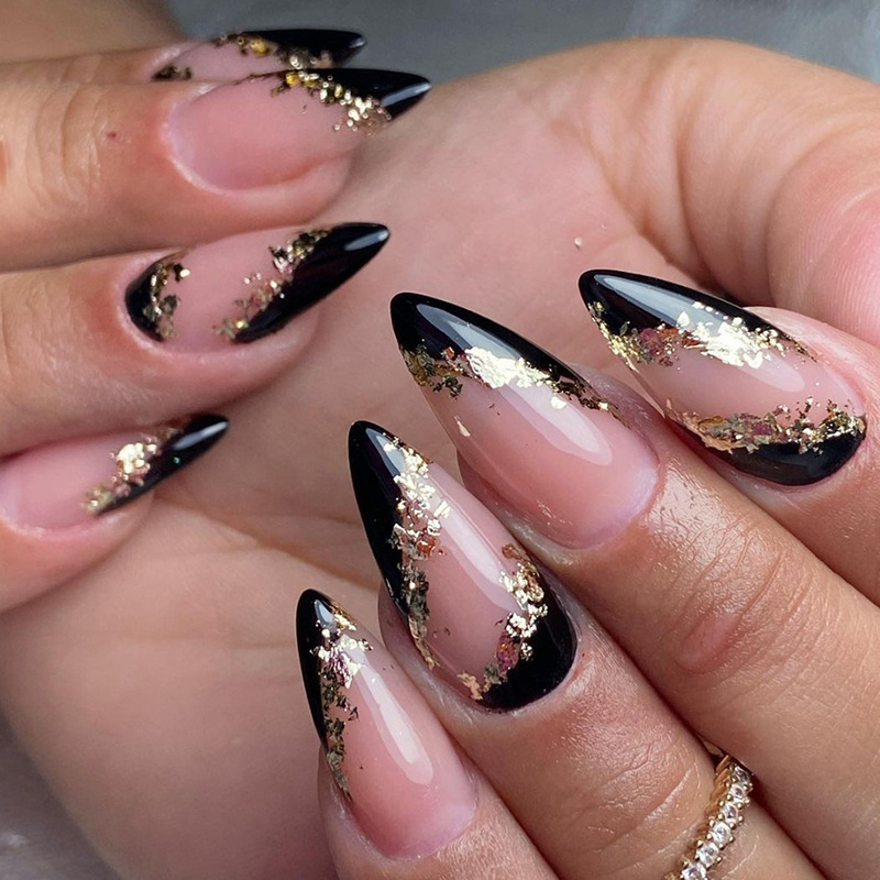 Kënschtlech Mandel 24 Stéck Falsch Nagel mat Jelly Glue Golden Line Design Franséisch Falsch Neel Tipps Volldeckung Spike Pres Il il_voghion.com