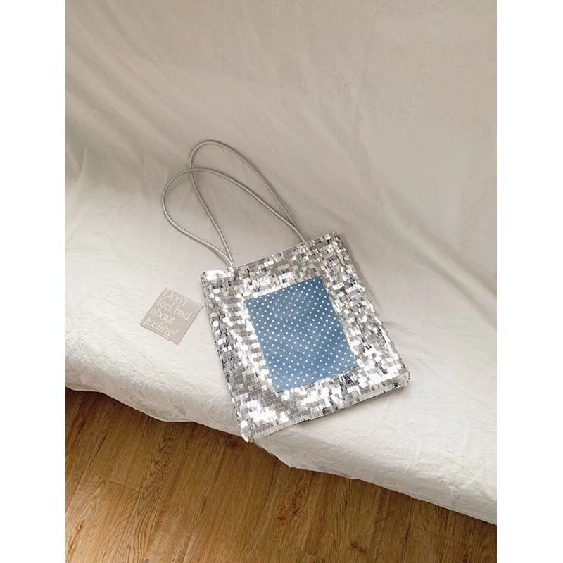 Borsa a mano in tela con paillettes argento e pois blu, nuova moda coreana del 2025, borsa a tracolla, nuova marea_voghion.com