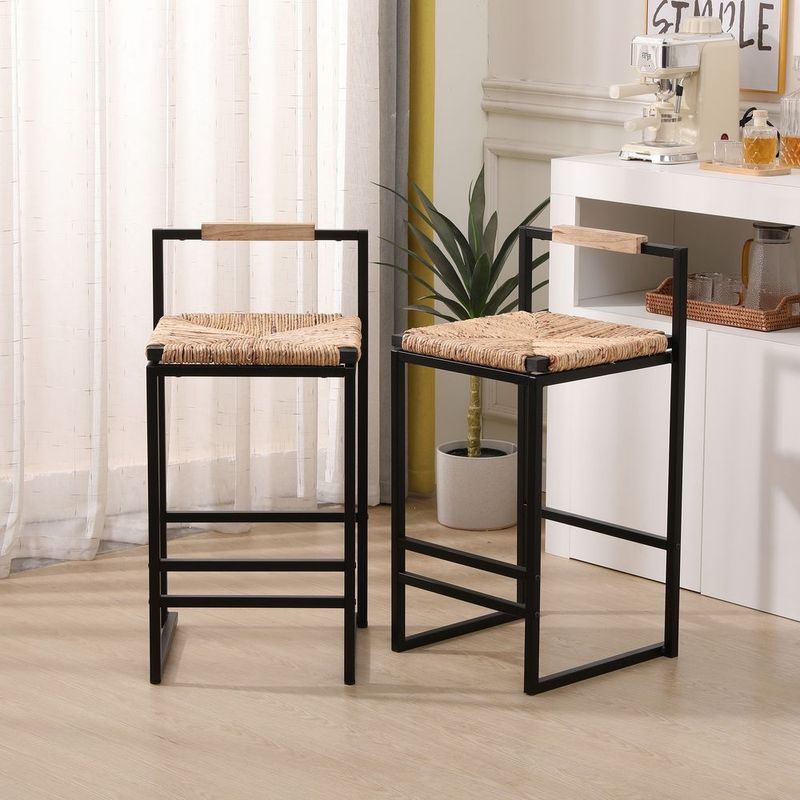 Set Of 2 Water Hyacinth Woven Bar Stools With Back Support Counter Height Dining Chairs For Kitchen, Home, Office (Water Hyacinth With Back)_voghion.com
