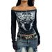 Y2K Hot Girl Printed Long Sleeve One Shoulder T-shirt Women's Clothing 2025 Autumn And Winter_voghion.com