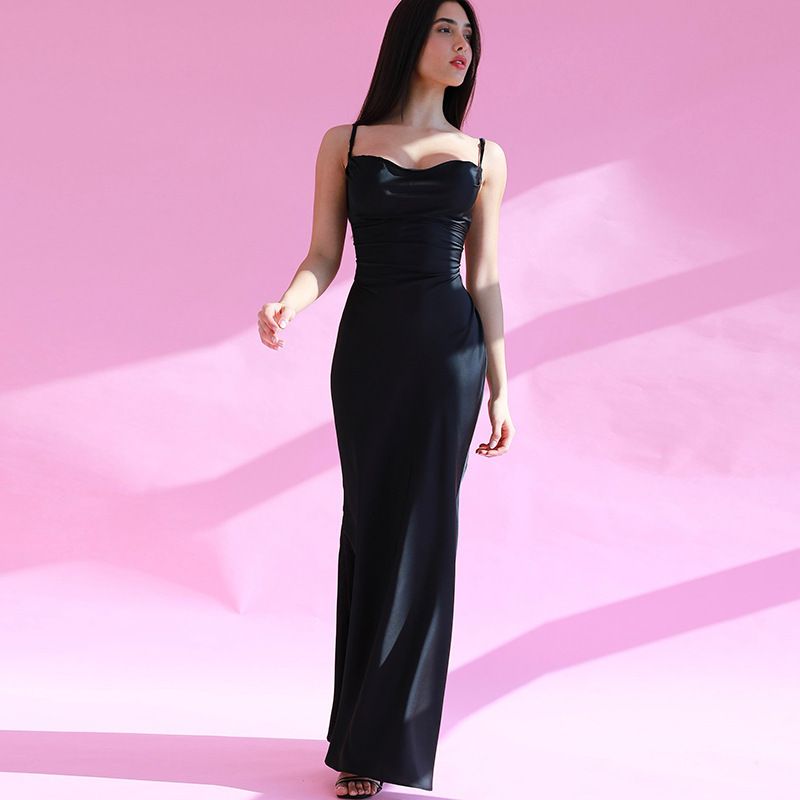 Women's Clothing Temperament Sexy Solid Color Splicing Lace Up Slim Suspender Long Dress_voghion.com