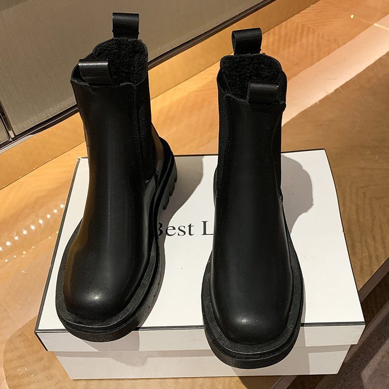 Frühjahr/Herbst/Winter 2024 Neue niedrig geschnittene, dicksohlige Kaminstiefel für Damen mit Fleecefutter, warm und modisch, mit elastischem Bund_voghion.com