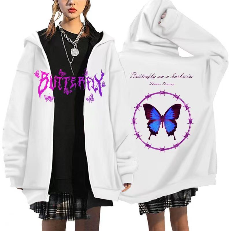 ​​Gothic Butterfly Print Fleece Zip-Up Hoodie For Men - Y2K Retro Streetwear, Unisex Oversized Pullover With Side Pockets​​_voghion.com