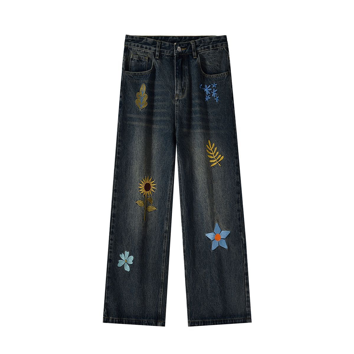 Jeans dritti primaverili e autunnali con design retrò e fiori ricamati da uomo_voghion.com