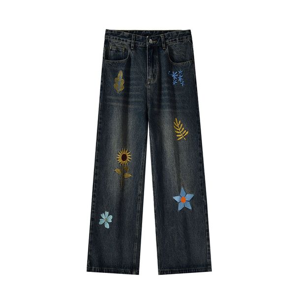Jeans dritti primaverili e autunnali con design retrò e fiori ricamati da uomo_voghion.com