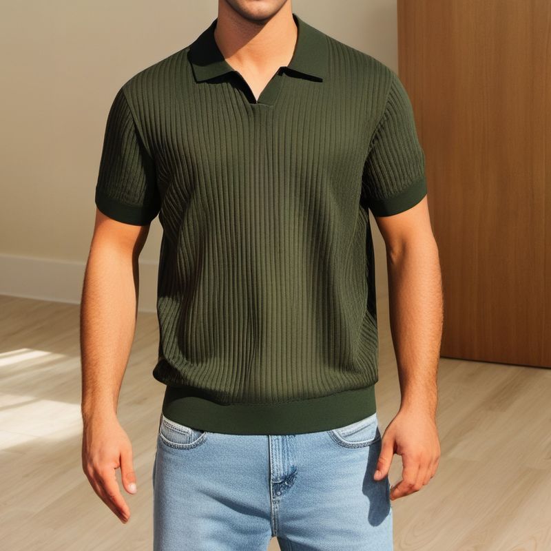 Herrenbekleidung Sommer Kurzarm Gestricktes Poloshirt V-Ausschnitt High End Schlankes Revers Casual Tops_voghion.com