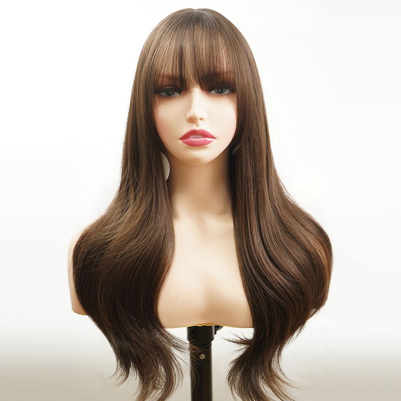American wigs chemical fiber wigs brown air bangs slightly curly long curly hair high temperature wire full headgear_voghion.com