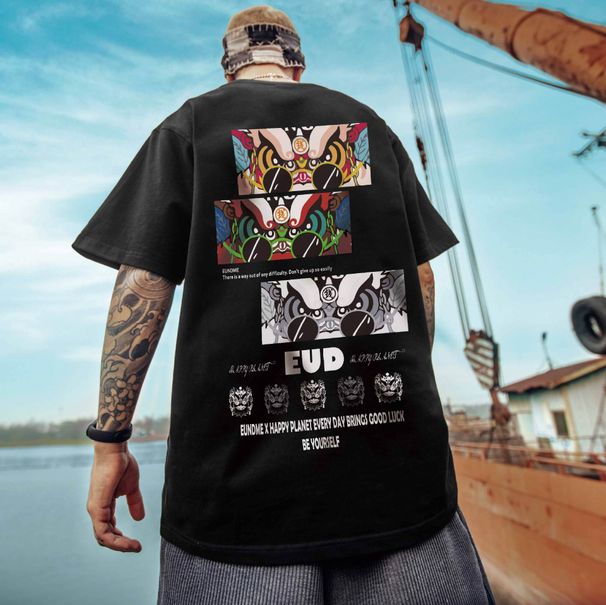 C&JNew apdrukāts lauvas T-krekls ar īsām piedurknēm, hiphopa ķīniešu stila, liela izmēra, liekā svara apģērbu_voghion.com