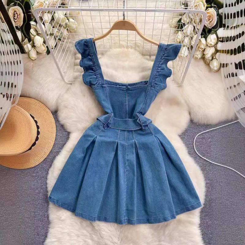 Damenbekleidung Damenbekleidung altersreduzierendes College-Stil süßes Hosenträgerkleid mit fliegenden Ärmeln weiblicher Retro-Denim A-Linie kurzer Rock Trend_voghion.com