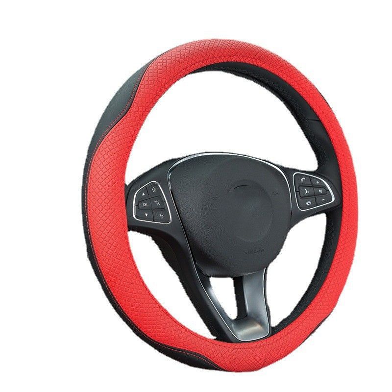 Volante in pelle a doppia aghi con giunture bicolore, coprivolante circolare per auto, coprivolante sportivo minimalista a forma di mulino a vento_voghion.com