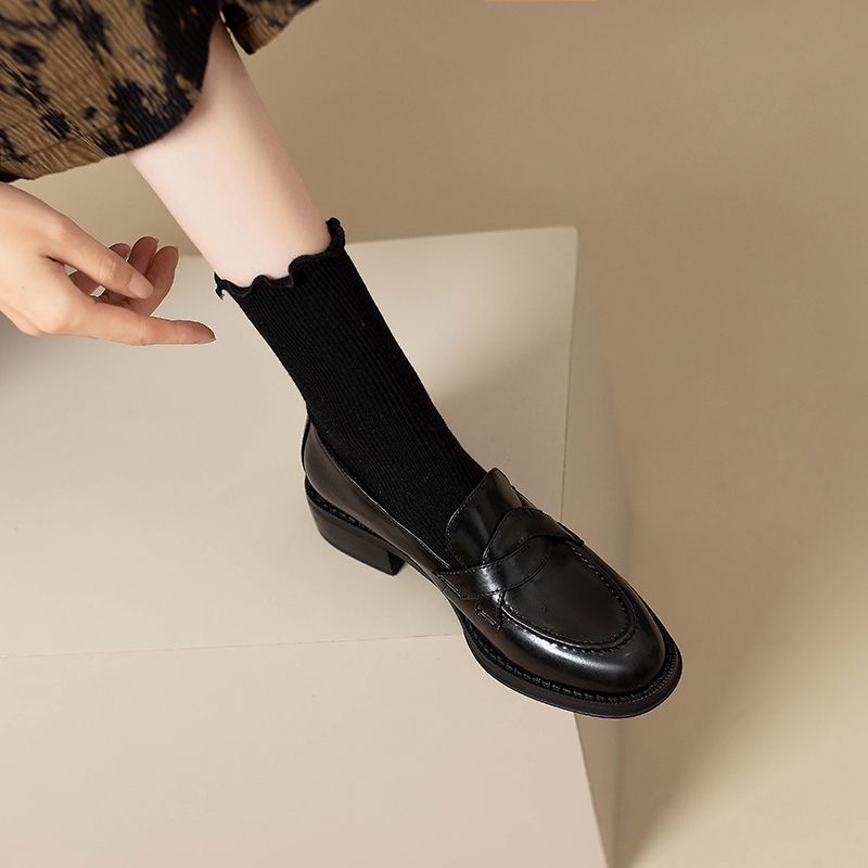 Brittiska Retro Slip-on Loafers Dam Preppy Pendlare Mångsidiga Små Äkta Läder Rund Tå Grov Klack_voghion.com
