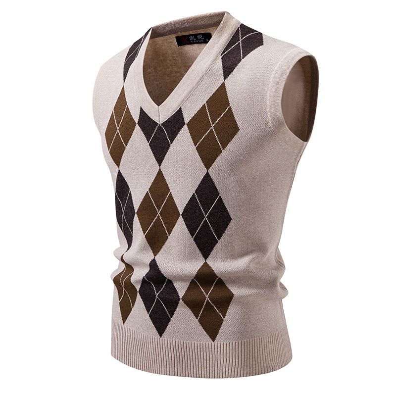 Gilet in maglia Argyle da uomo – Maglione senza maniche slim fit con scollo a V_voghion.com