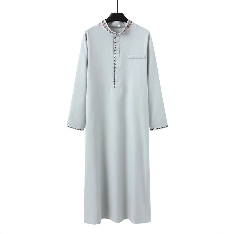 Roupas masculinas soltas gola alta robe bordado mangas compridas bolsos mais longos_voghion.com