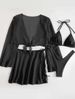Costume da bagno da donna taglia unica nero push-up tinta unita bikini a triangolo diviso a maniche lunghe_voghion.com