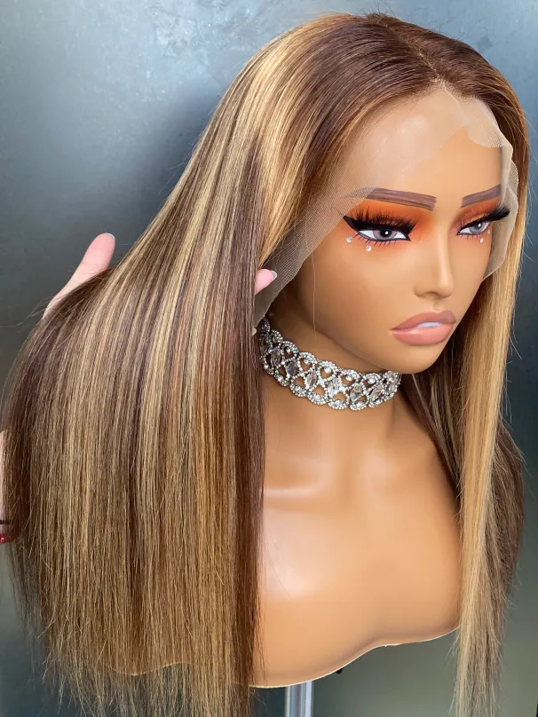 Perucas de cabelo humano com renda frontal 13x4 para mulheres P4/27 com mechas ombré marrom liso frontal pré-arrancado_voghion.com