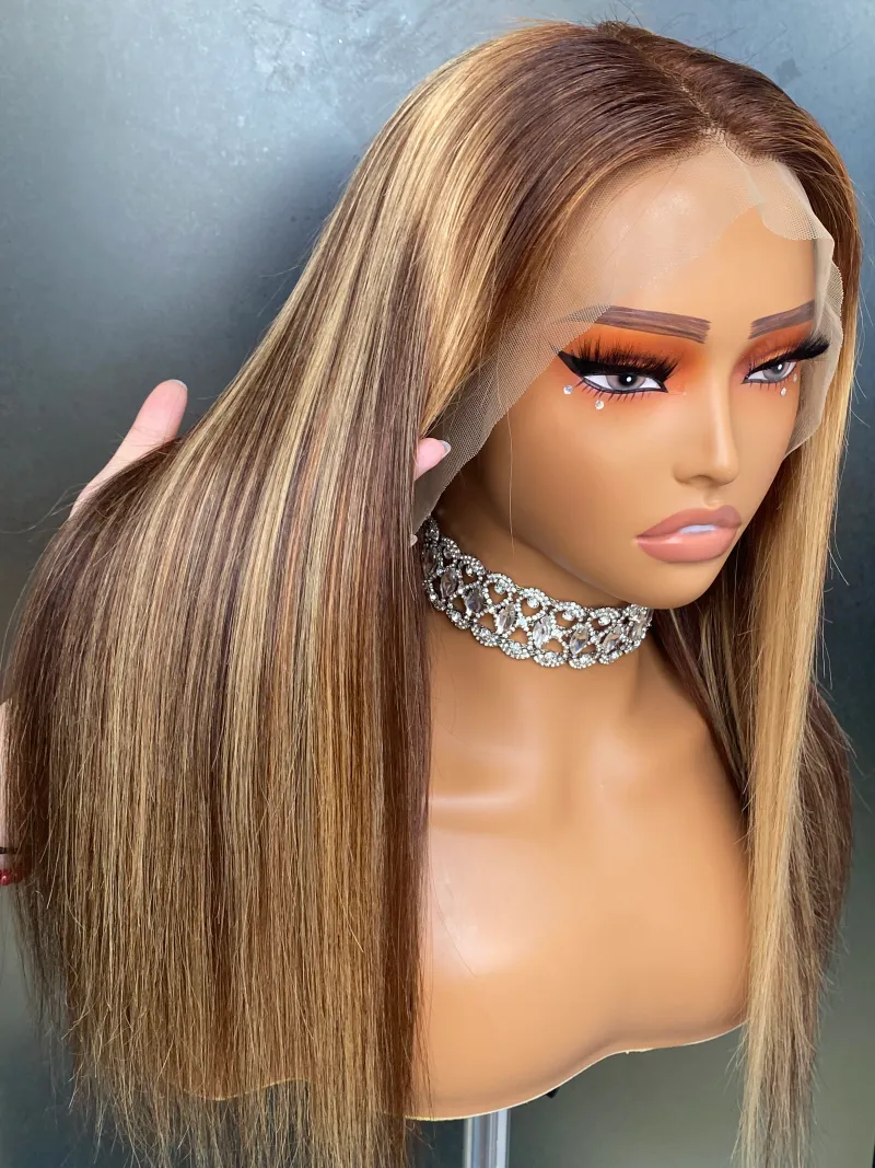 13x4 Lace Front Human Hair Wigs for Women P4/27 Highlight Ombre Brown Straight Frontal Pre Plucked_voghion.com