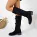 Bottes hautes à talon épais pour femme, mollet large, avec boucle et effet froissé - Daim souple et cuir véritable - Bottes à bout rond et talon mi-haut_voghion.com