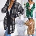 Women's Plaid Strap Lantern Sleeve Casual Open Front Cardigans Sweater Jacket Outwear_voghion.com