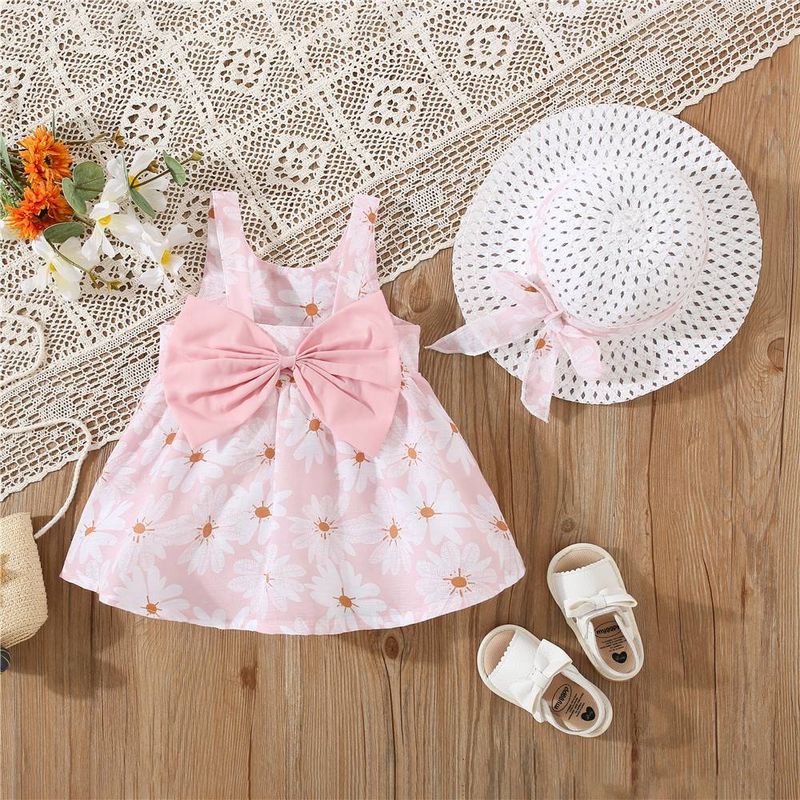 2Pcs/Set Daisy Dress For Girls Summer Sweet Bow Baby Beach Dresses Newborn Toddler Clothes 0 To 3 Years Old Children + Hat_voghion.com