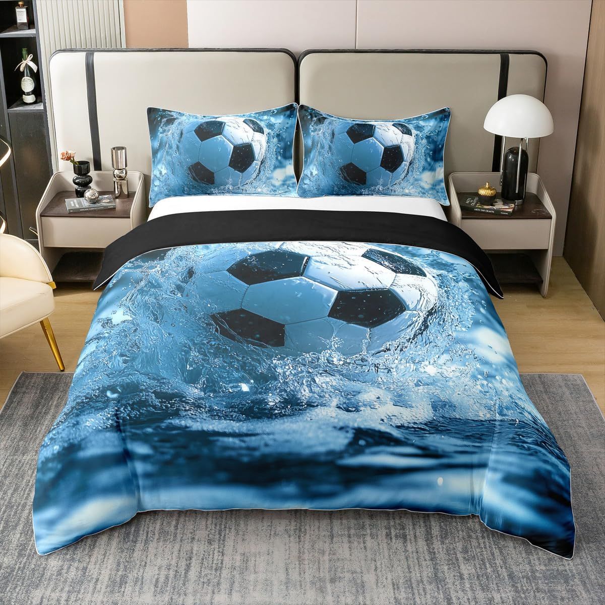 Fußball-Bettbezug, Doppelbett-Bettwäscheset für Kinder, Jungen und Männer, Tor, Gaming, Wasserspritzer, Schwarz, Blau, Weiß, Bettbezug, weiche, bequeme Bettwäsche_voghion.com