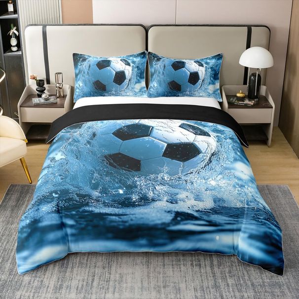 Fußball-Bettbezug, Doppelbett-Bettwäscheset für Kinder, Jungen und Männer, Tor, Gaming, Wasserspritzer, Schwarz, Blau, Weiß, Bettbezug, weiche, bequeme Bettwäsche_voghion.com
