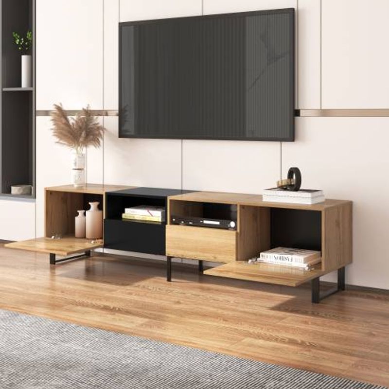 Mueble de TV con espacio de almacenamiento, mueble decorativo con dos puertas laterales de vidrio templado, muebles de TV, muebles bajos_voghion.com