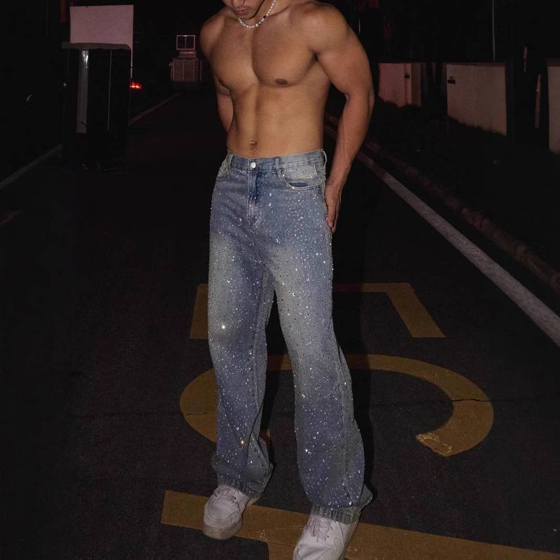Roupas masculinas 2025 Novas calças jeans americanas de alta qualidade com estampa diamante para homens_voghion.com