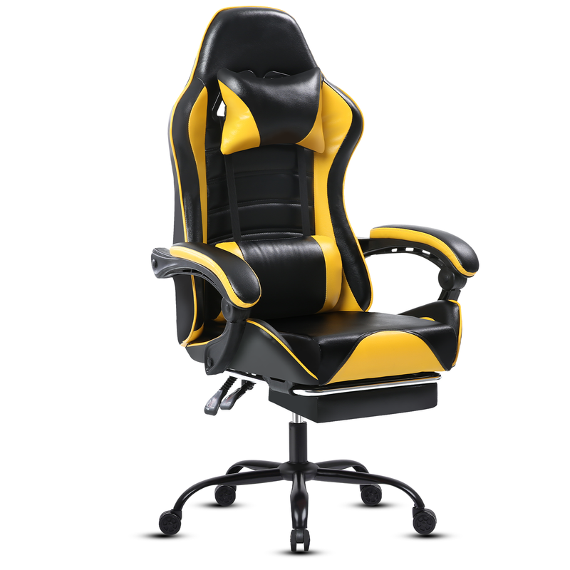 Ergonomischer Gaming-Stuhl in Gelb mit Fußstütze – 360° drehbar, groß und hoch, Bürostuhl aus PU-Leder für Erwachsene, verstellbare Neigung (90–155°)_voghion.com