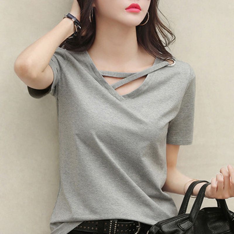 MRMT 2023 Brand New Donna Manica Corta Bianco T- Donna Scollo a V Allentato Versione Coreana Di Camicetta Nera Casual Ins_voghion.com