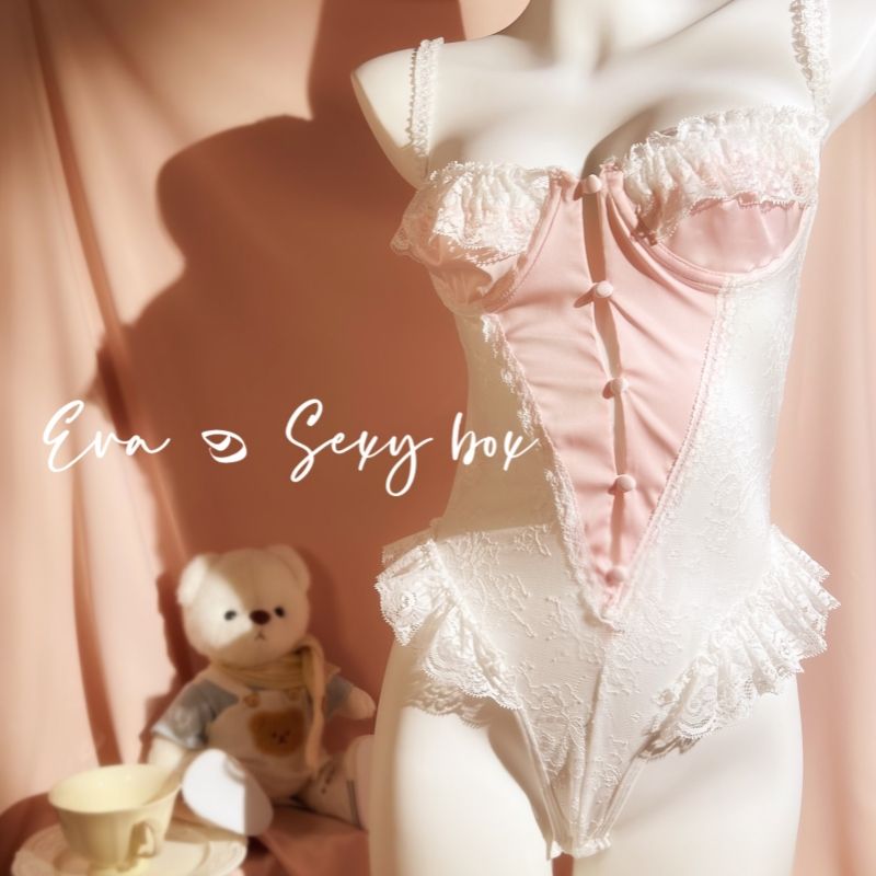 Mono sexy con tirantes y encaje de malla transparente en V profundo de Box Sweet Sleepwear_voghion.com