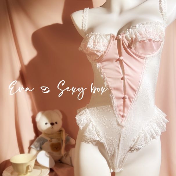 Mono sexy con tirantes y encaje de malla transparente en V profundo de Box Sweet Sleepwear_voghion.com