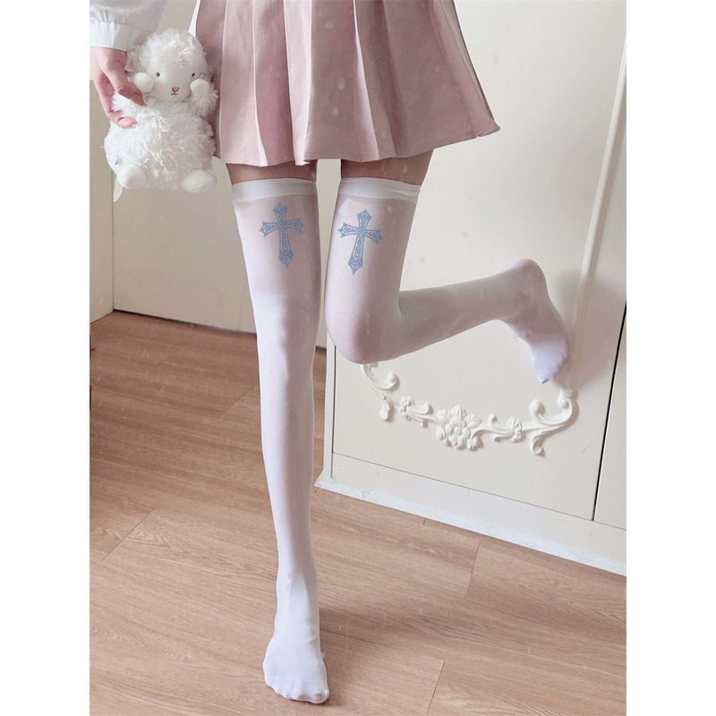 Cross Cute Print Subculture Overknee-Langrohr-Oberschenkelsocken aus weißem Seidensamt für süße Mädchen_voghion.com