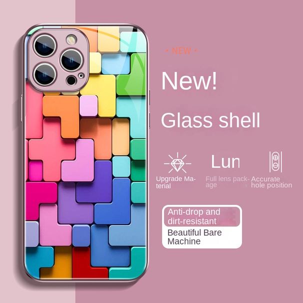 Heiße 3D-Regenbogen-Tetris-Block-Telefonabdeckung für iPhone 11 12 13 Pro Max X XR XSMax 8 14 Plus Stoßstangenhülle aus gehärtetem Glas_voghion.com