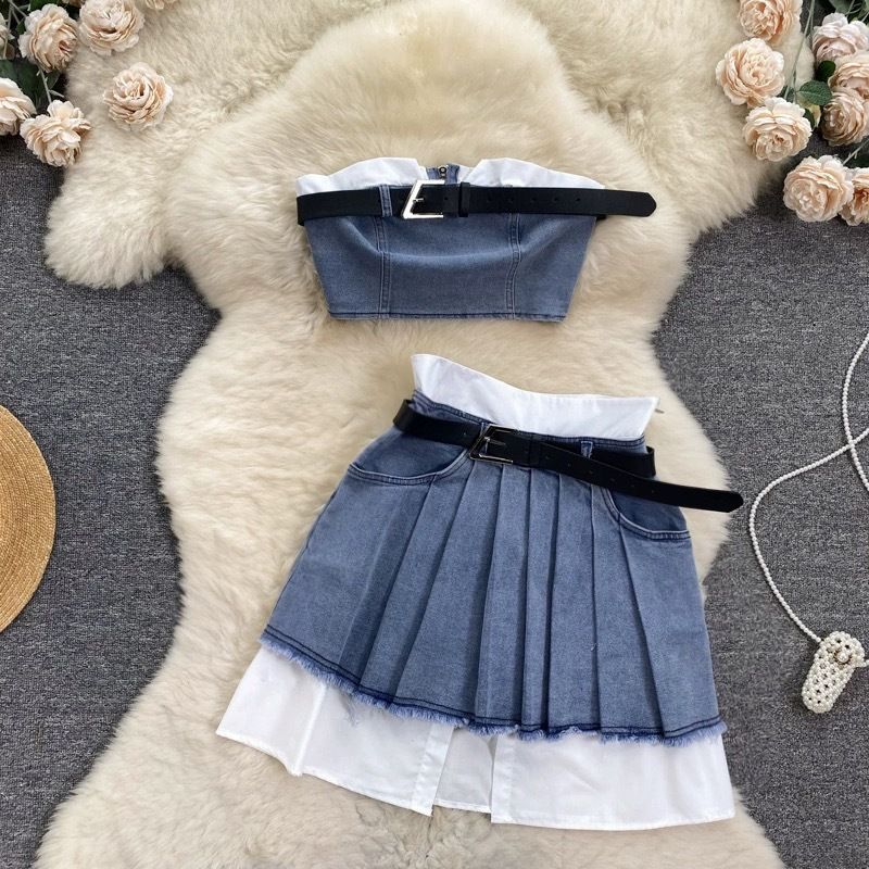 Stile retrò da lavoro per ragazze hot, design femminile, top a tubino, gilet, gonna a pieghe a vita alta, completo in denim a due pezzi_voghion.com