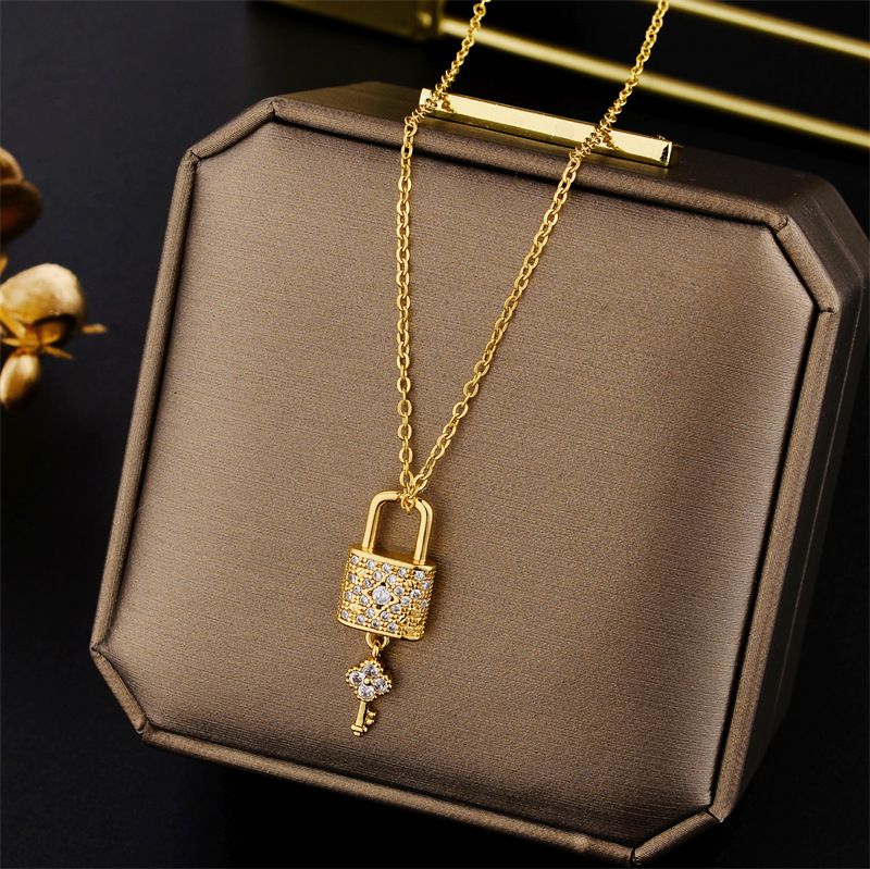 Trendy Sweet Sexy Gold Color Stainless Steel Lock Key Necklaces For Women Korean Fashion Female Letter Pendant Clavicle Chain Jewelry _voghion.com