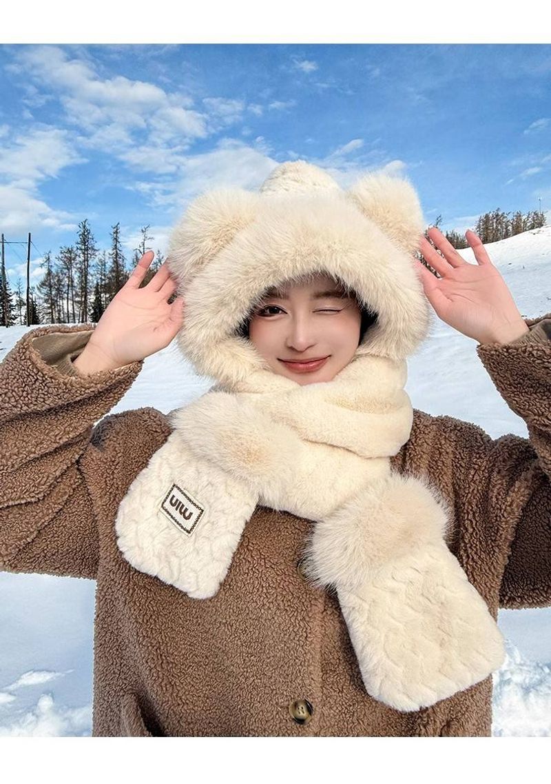 Bear hat scarf all-in-one female winter plush thickened warm hooded scarf cycling cold three-piece suit_voghion.com