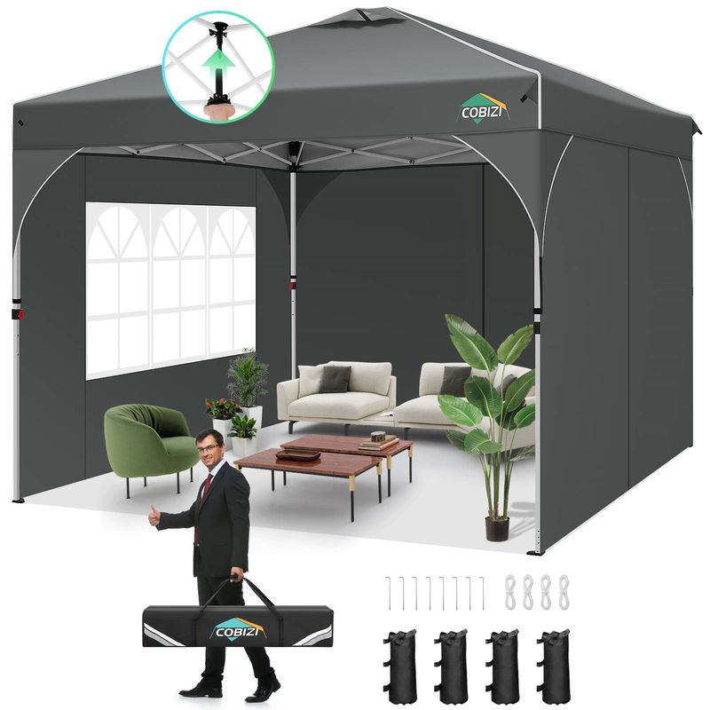 COBIZI Pop Up Canopy 10x10 Tenda da campeggio per feste con pulsante centrale di aerazione a un pulsante, gazebo esterno con pareti laterali e striscia riflettente, grigio_voghion.com