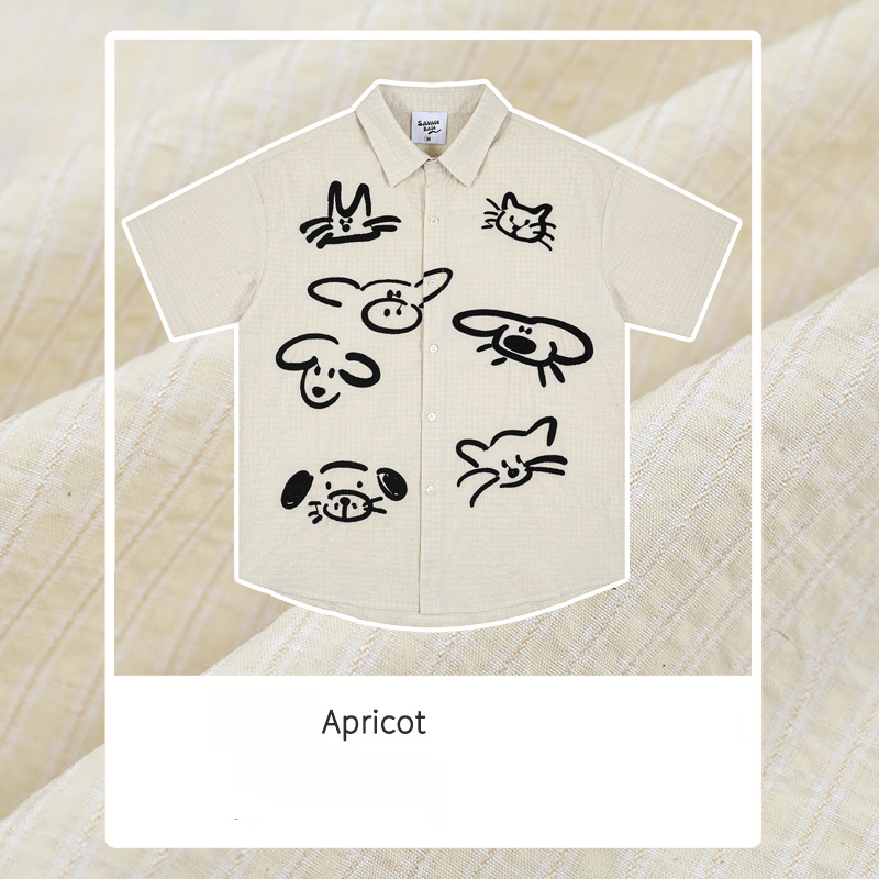 Unisex Clothing Breathable Casual Summer New Bubble Wrinkle Blue Striped Shirt Graffiti Cartoon Hand Cranked Embroidery Salt Line Couple Inch Clothes_voghion.com