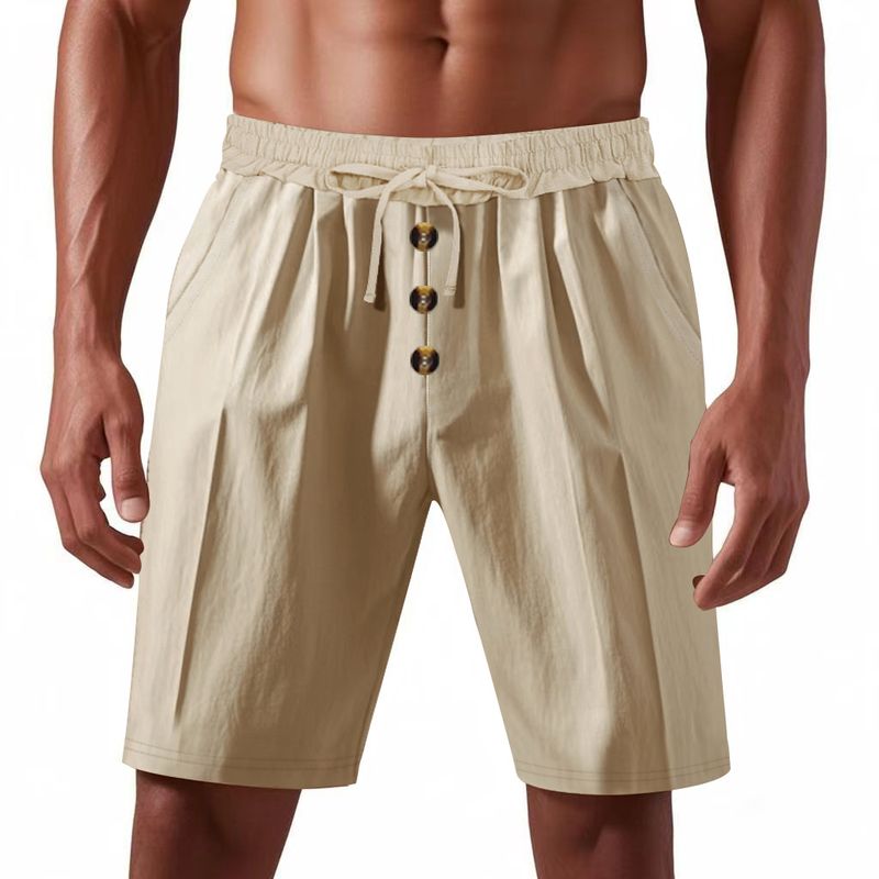 Summer Men's Loose American Linen Beach Casual Washed Button Five Quarter Sports Shorts For Men_voghion.com